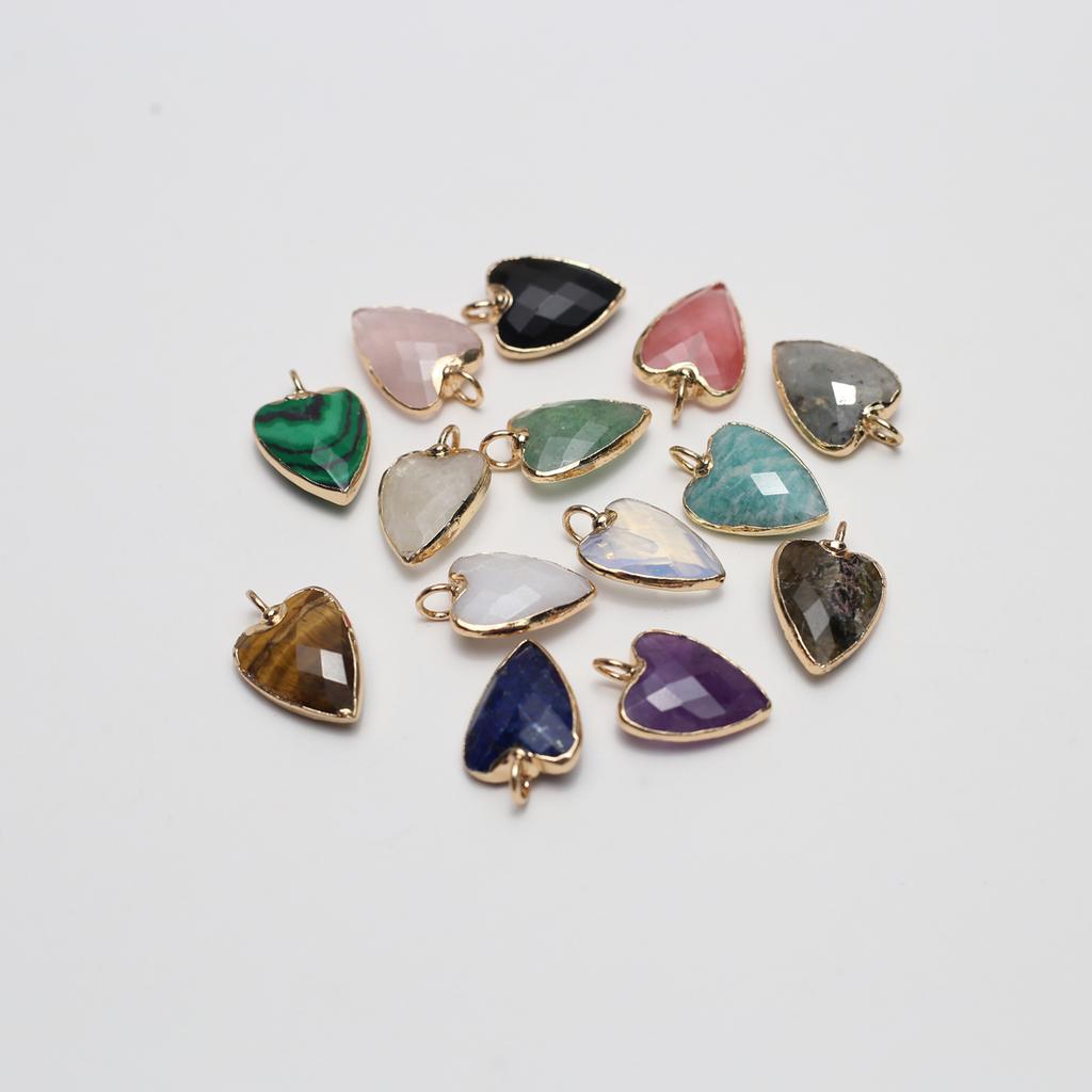 3Pcs, Trending Heart Crystal Pendant with Golden Edging, Faceted Natural Stone Amethyst Agate Opal Gems Charms for Jewelry Making DIY Crafts 13×19mm