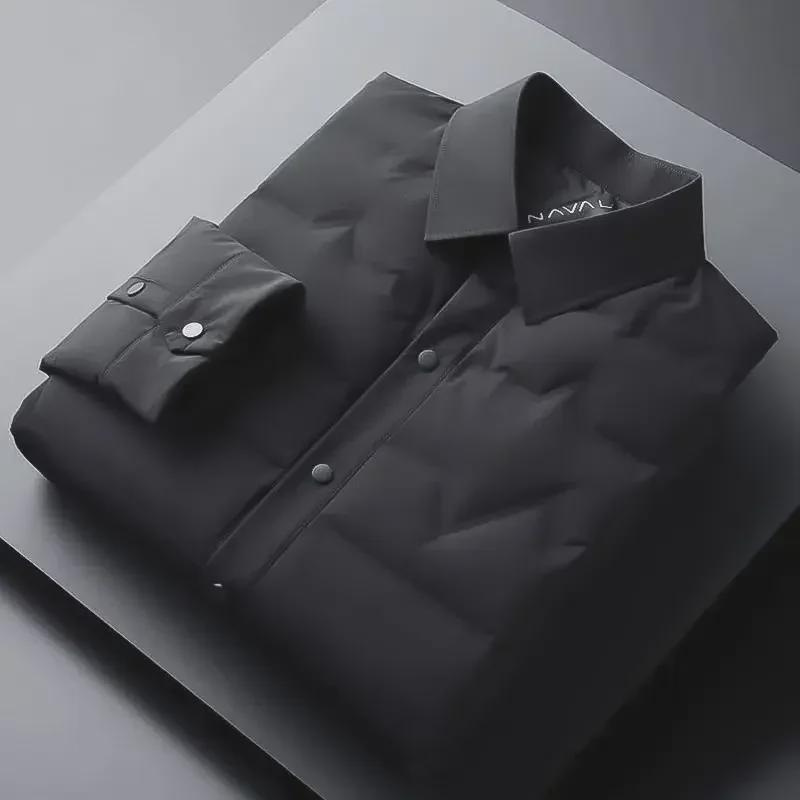 Męska Lekka Kurtka Puchowa Business Casual - Jesień/Zima Ciepła Krótka z Białego Puchu Kaciego z Kołnierzykiem Koszulowym