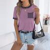 Women's Fashionable Round Neck Casual Contrasting Striped Pocket Short Sleeved Knitted Top