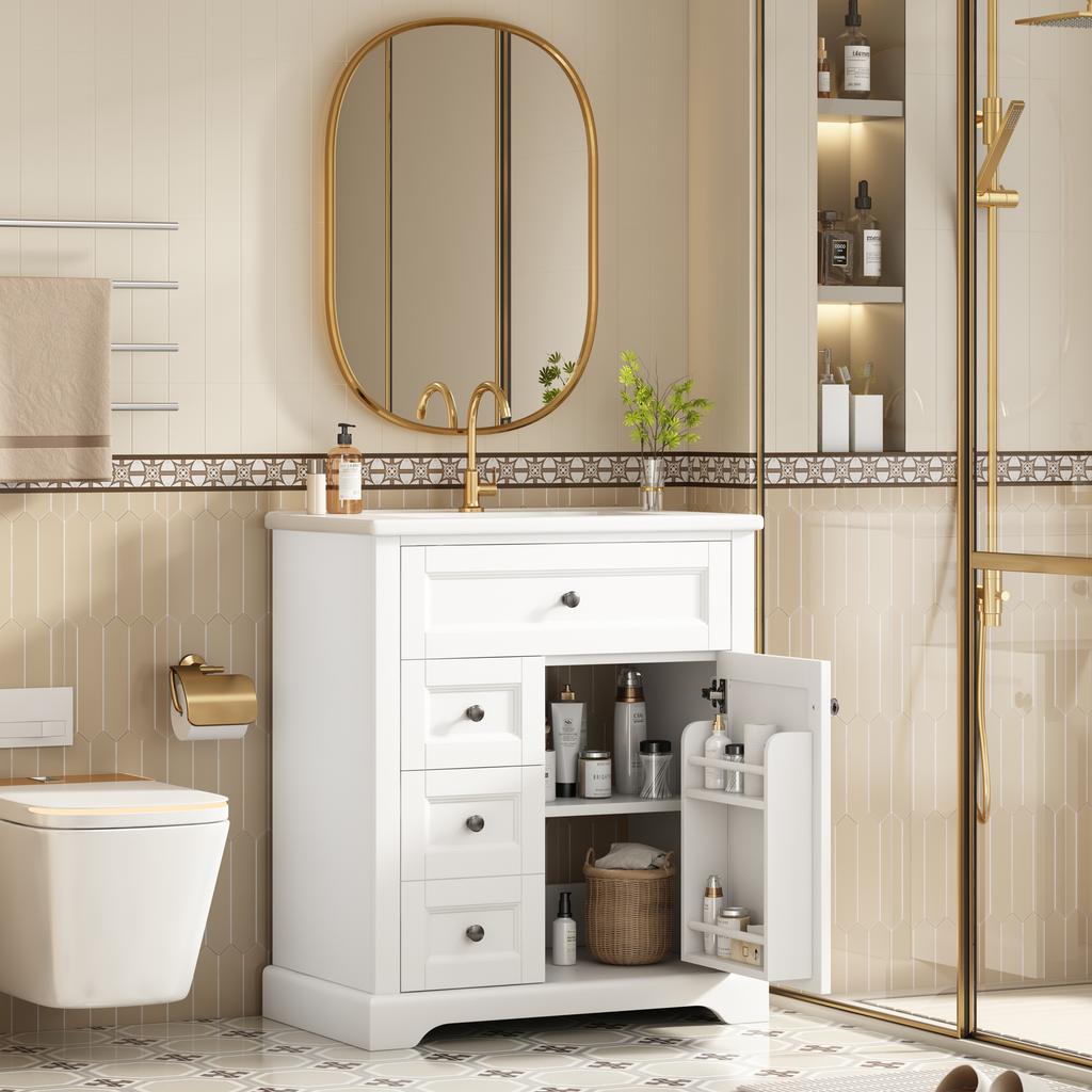76X46x87cm freestanding bathroom washstand, moisture-resistant coating, adjustable storage space in cabinet and integrated ceramic washbasin, white.