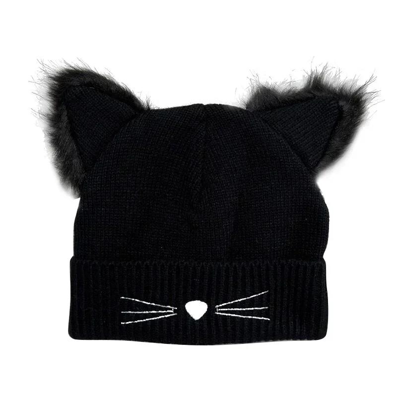 Womens Warm Winter Hat Wool Knitted Cat Ear Faux Mink Hat Skull Fur Pom Pom  Womens Beanie Hat for Women