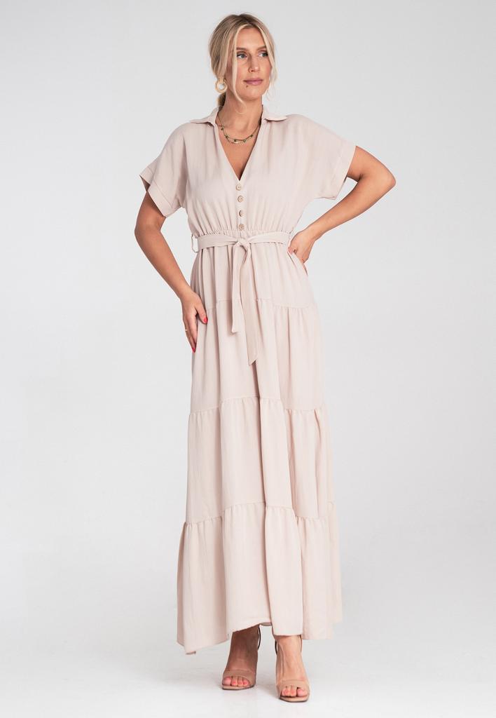 Letnia Sukienka Maxi - Sukienka Z Kołnierzykiem I Falbankami - Beżowa M1195 R. S/M
