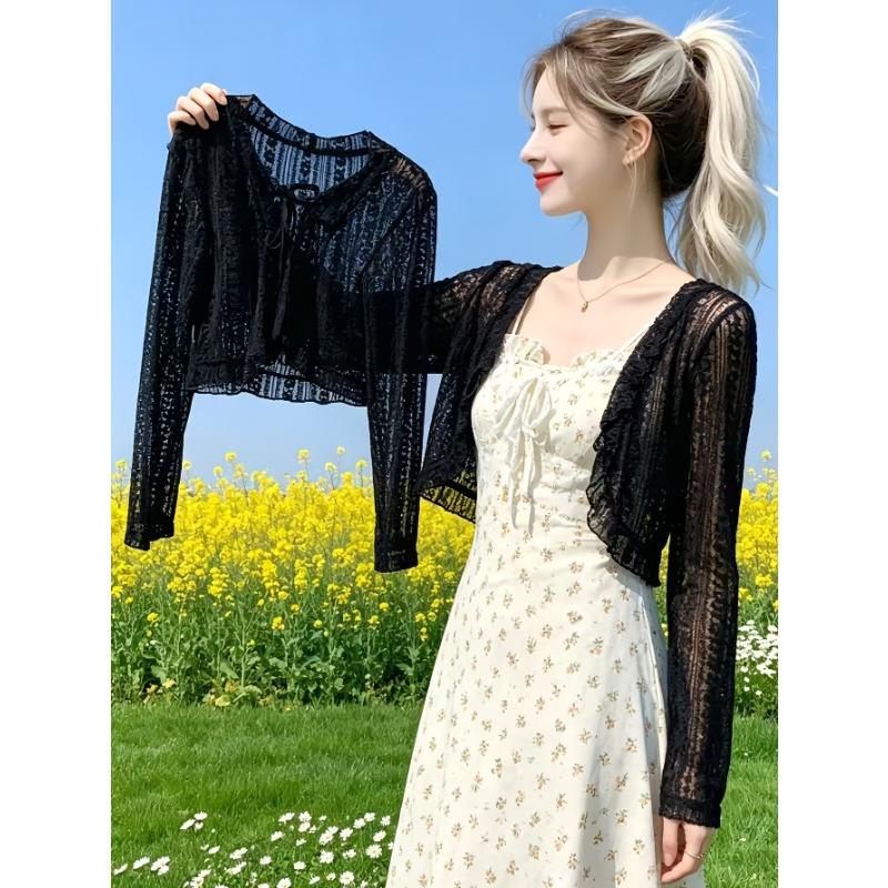 Women's Cardigan Jacket, Summer Lightweight Breathable Lace Tie Shawl, Fashionable Versatile Short Cardigan Jacket, Outerwear for Slip Dresses