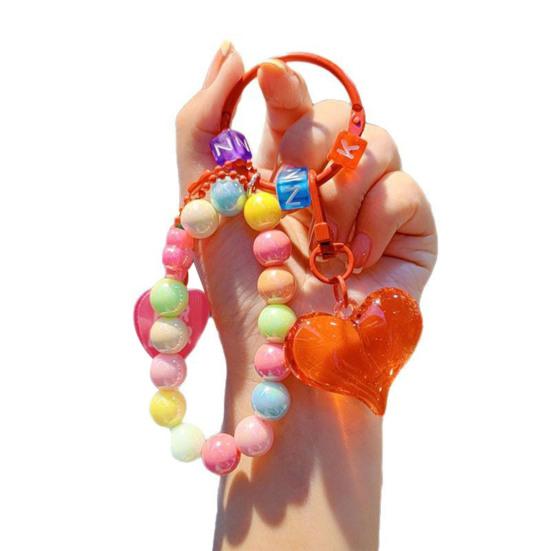 Beaded Keychain Highly Saturated Macaron Color Beads Key Chain with Transparent Colorful Heart Pendants Portable Anti-Lost Mobile Phone Chain Bag