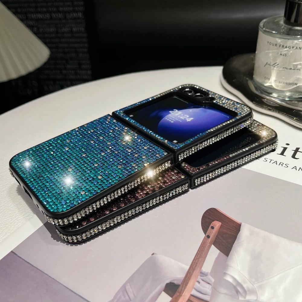 Gradual Change Flash Diamond Folding Lanyard Case for Samsung Galaxy Z Flip 6 5 4 3 ZFlip 6 With Bracelets Hard Cover