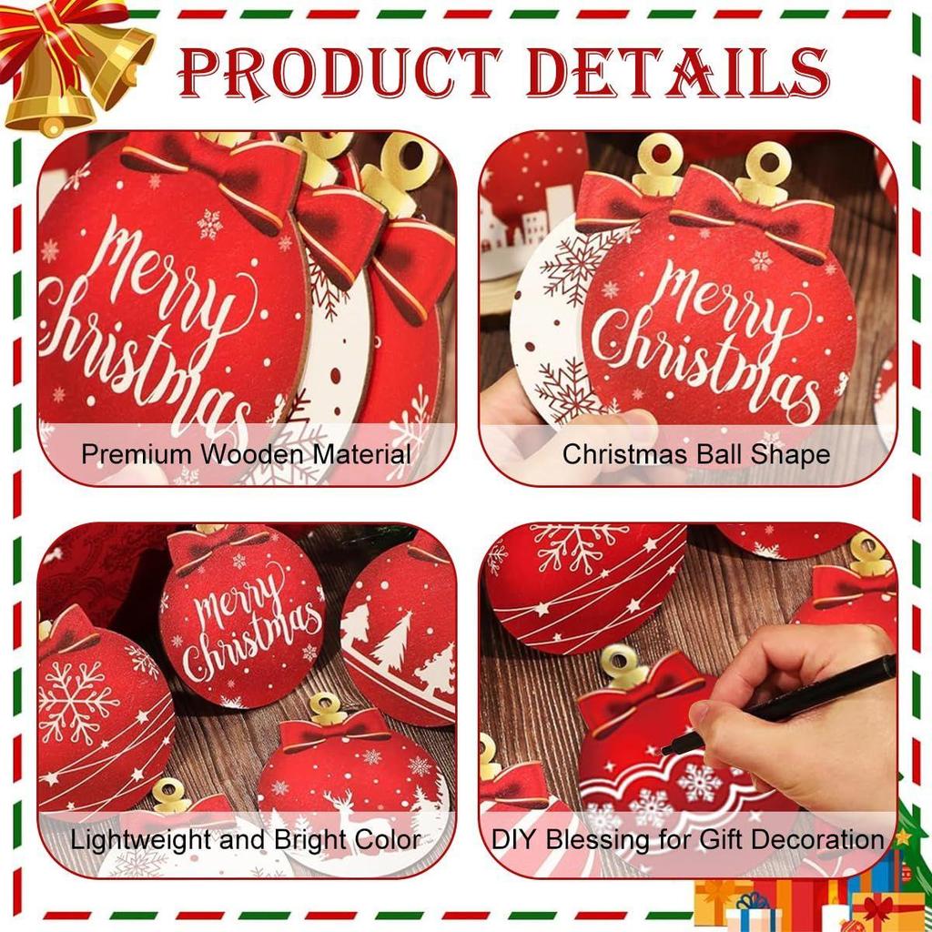 Christmas Decorations Wooden Ornaments, 12Pcs Red Hanging Christmas Tree Decoration Items with Snowflake Pattern, Wood Baubles for Xmas Tree