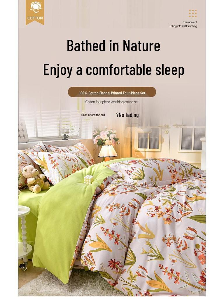 New Stylish Skin-Friendly Cotton Flannel Bedding Set - Thickened Plaid & Floral Design for Students