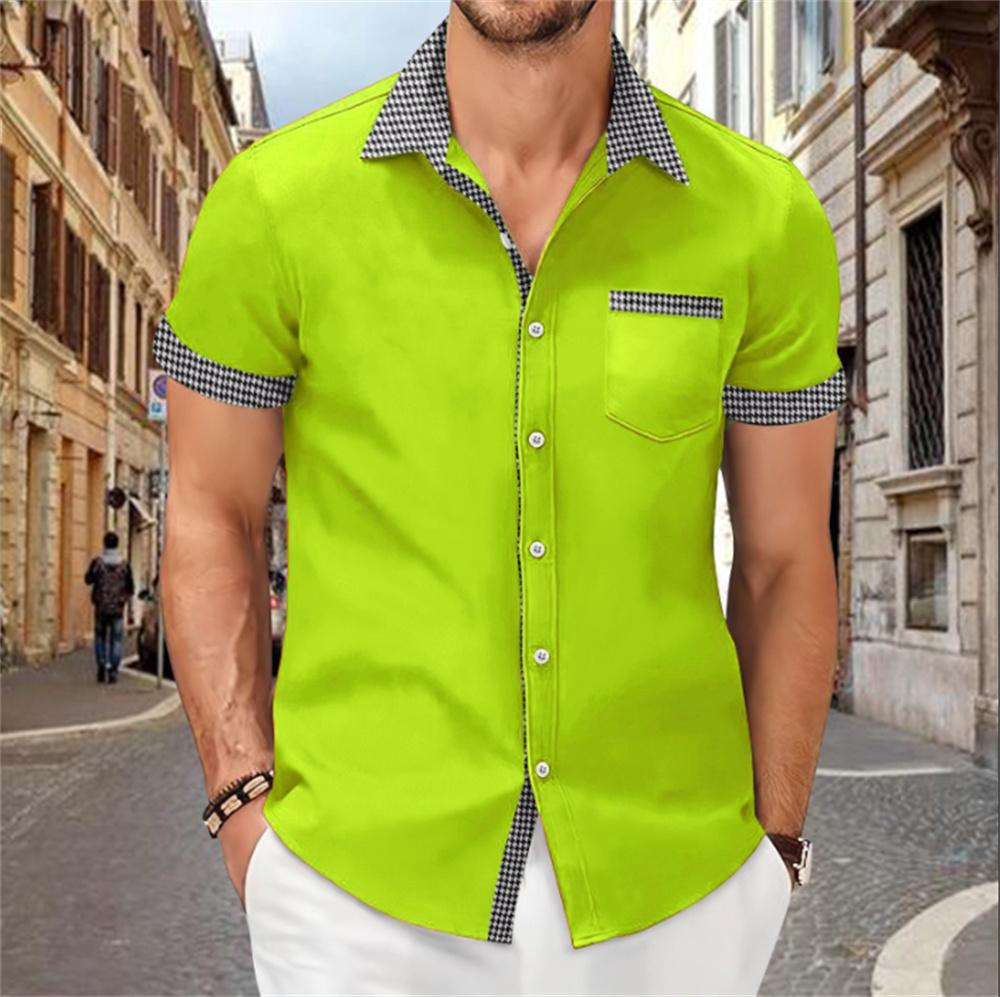 Patchwork printed shirt for men, solid color, comfortable and soft short sleeve top, large size, summer New