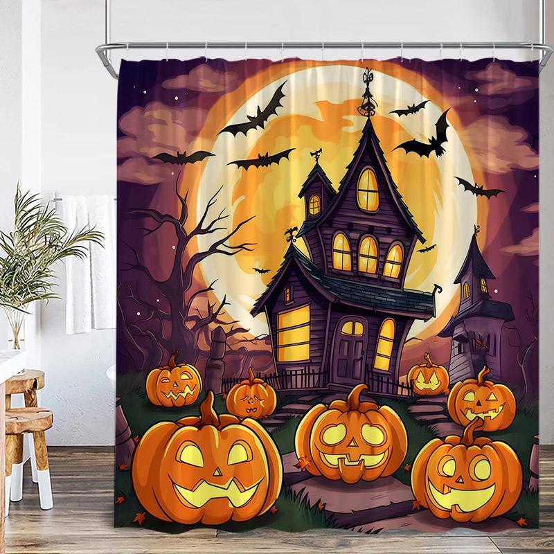 Horror Halloween Shower Curtain Forest Dead Trees Tombstone Crow Black Cat Skeleton Bath Curtains Home Bathroom Decor with Hooks