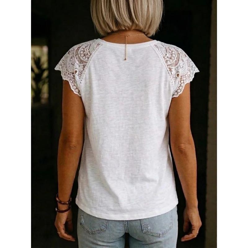 Women V Neck Lace Patchwork Short Sleeve Loose Casual Comfortable Summer New T Shirt Top
