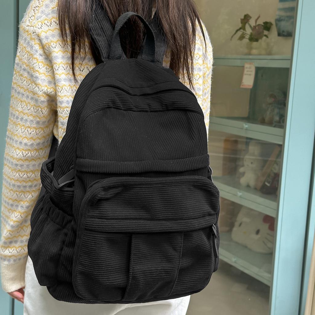 Schoolbag Premium Corduroy Backpack Female Korean Version Casual Solid Color Strip Velvet Backpack Simple Design Commuter Schoolbag