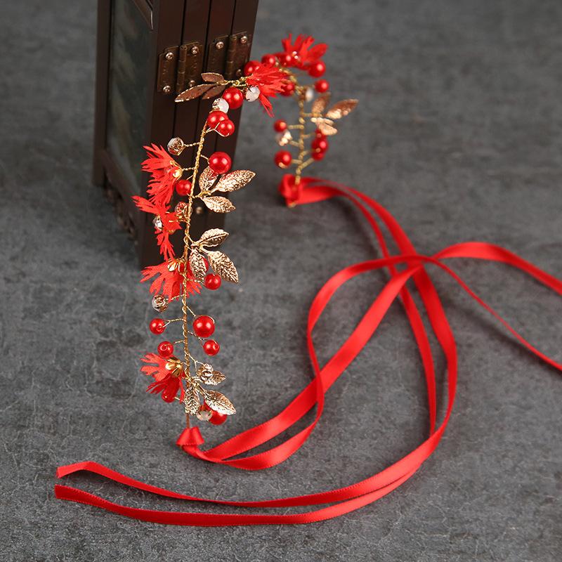 Gold Leaf Daisy Flower Headband Bridal Pearl Tiaras Hair Jewelry Ribbon Wreath