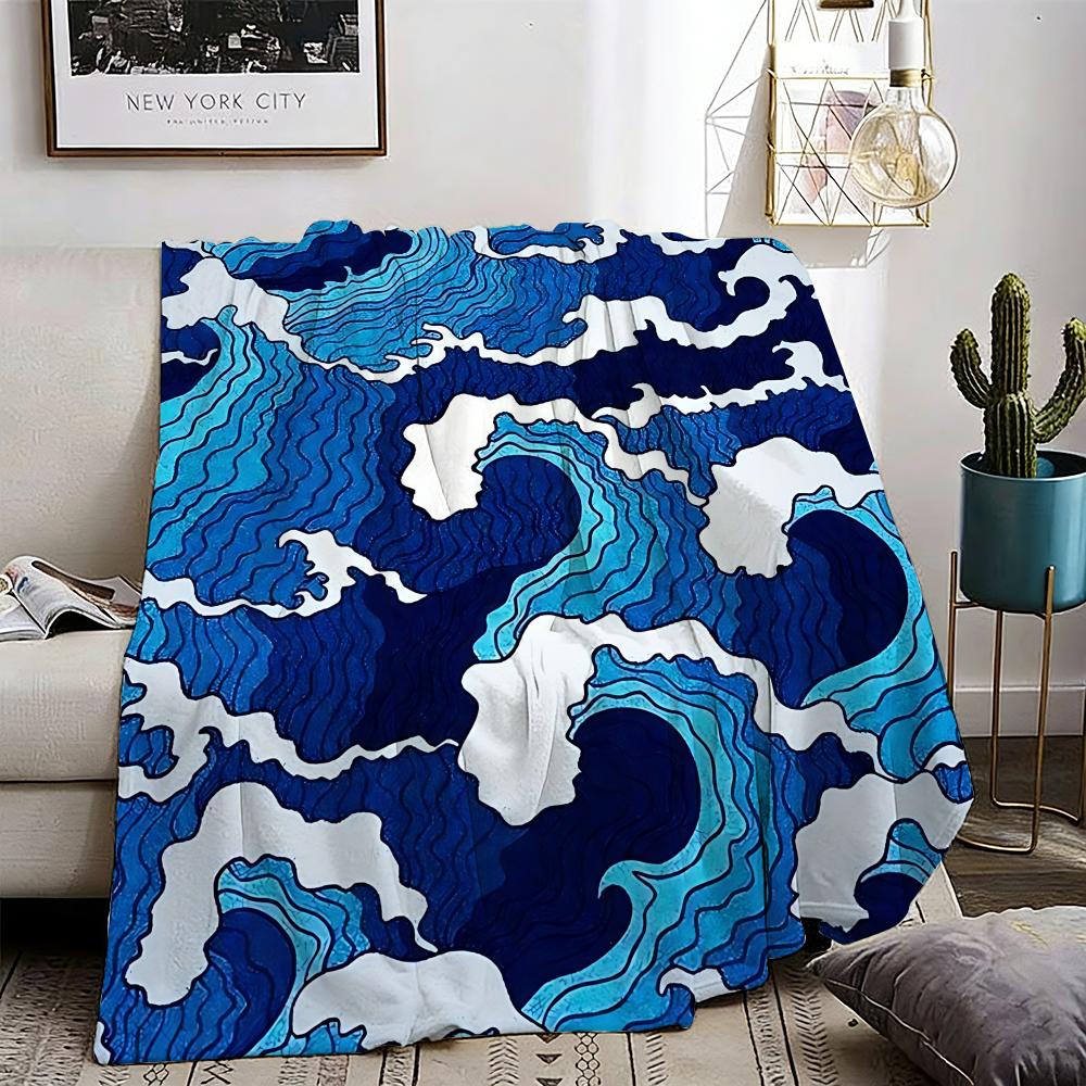 Japanese Waves Throw Lightweight 240g Flannel Blanket Soft Skin-friendly for Summer Cooling