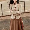 Women's Autumn Suit Set: Long-Sleeve Knit Top & Deerskin Velvet Skirt
