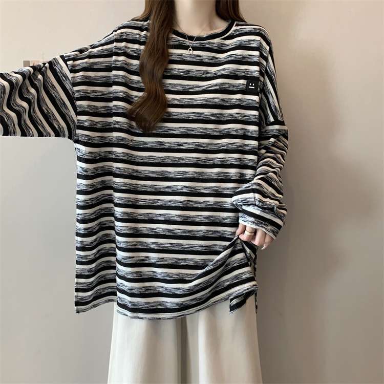 Plus Size Women Spring Autumn Long Sleeve T-shirts Vintage Striped Loose Casual Tops Oversized Crew Neck Tshirts