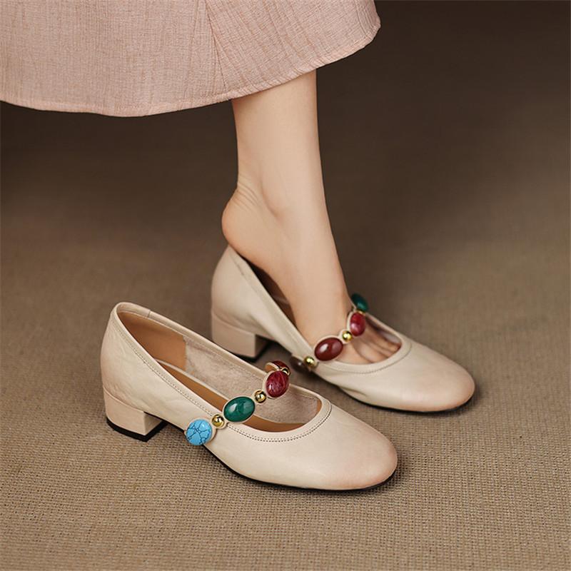 Fashion New Spring/summer Round Toe Women Pumps Chunky Heels Genuine Leather Mary Jane Shoes for Women Ladies Shoes Zapatos De Mujer