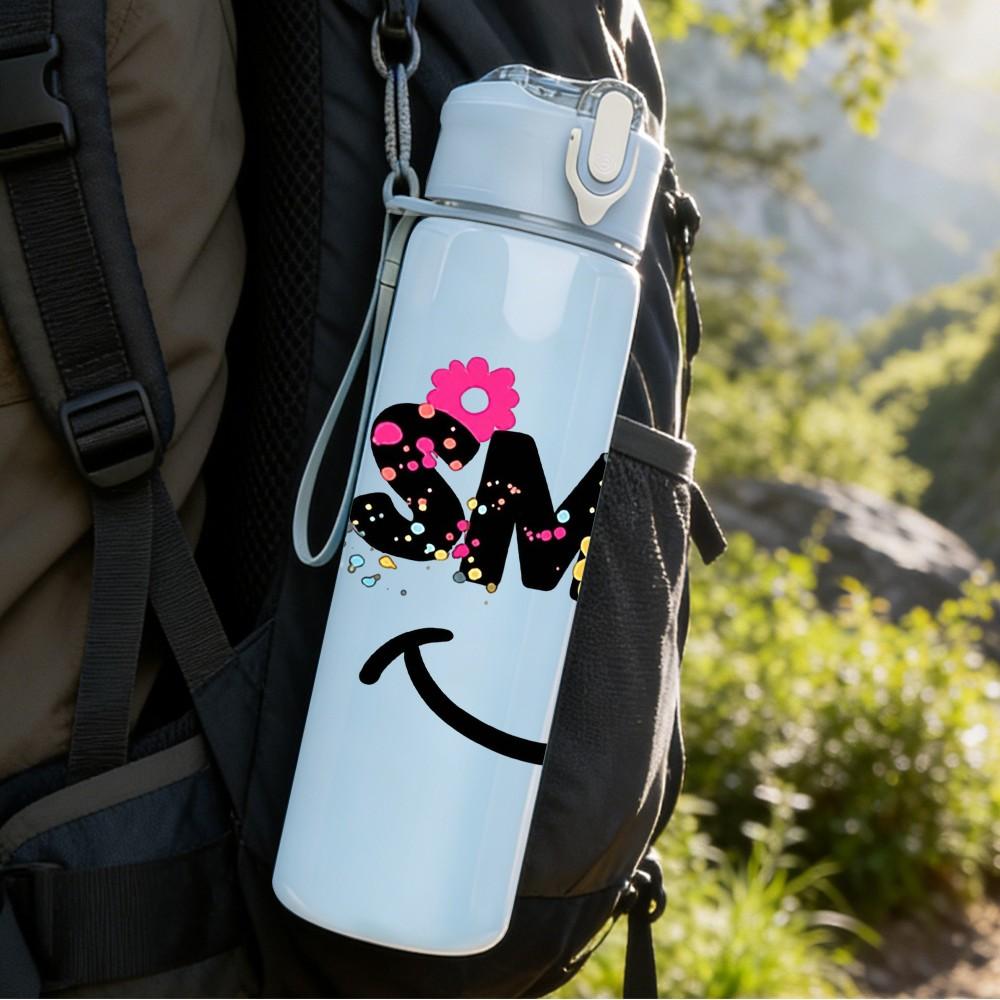 1PC Simple Smile Face Icon 750ml Color Plastic Sports Water Bottle Leakproof Flip Straw Lid Suitable for Sports Office Home Use