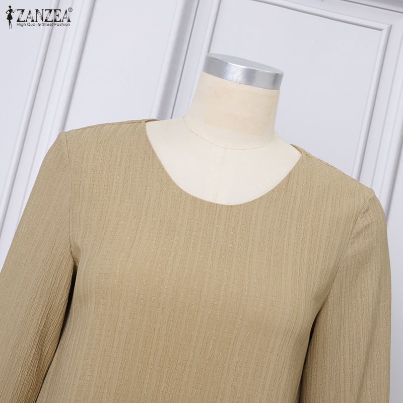 ZANZEA Women Casual Round Neck Solid Color 3/4 Sleeve Dress