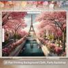 2D Paris Eiffel Tower Backdrop, Pink Cherry Blossom & Seine River Background for Wedding Photoshoot