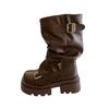 Retro Brown Thick-soled Heightening Martin Boots Women's 2025 New Spring and Autumn Maillard Stacking Boots Medium Tube Pants Tube Boots