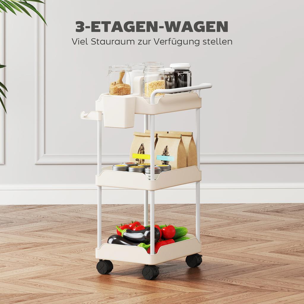 Storage Cart, 3 Baskets, Towel Rail, Wheels, Handle, Metal Frame, White