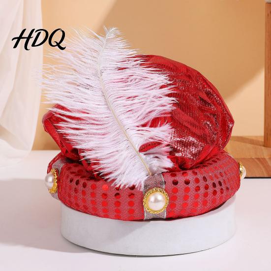 Sparkly Arabian Style Costume Accessory Indian Sultan Hat Shiny Sequins Feather Plume Cap Novelty Festive Holiday Gift for Cosplay Prince Hat Dress