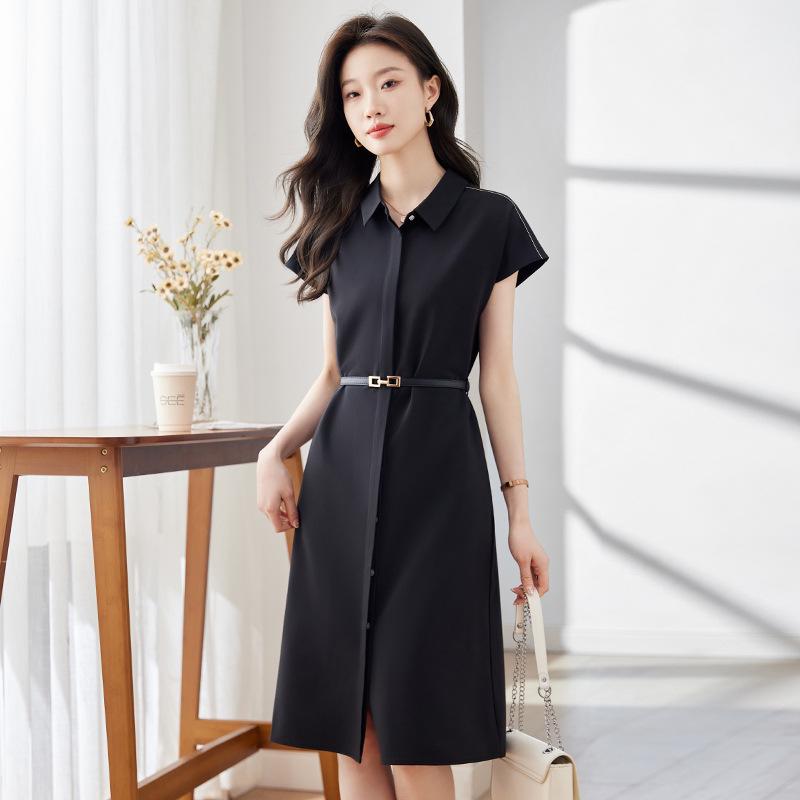 Women's Summer Polo Collar Shirt Dress - Waist-Slimming, Single-Breasted, Solid Color, Versatile, Mid-Length