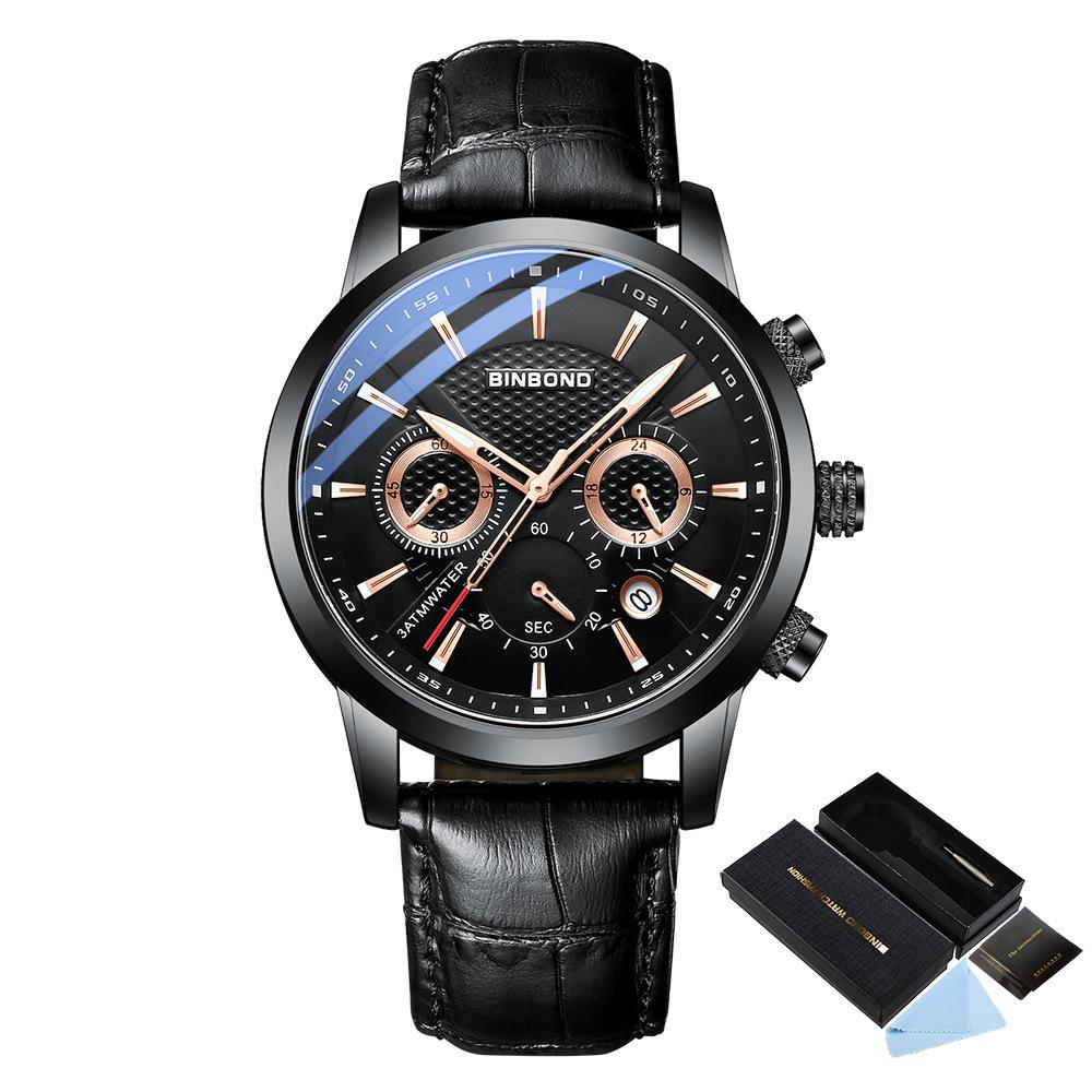 BINBOND Men's Waterproof Quartz Sports Watch with Steel Strap and Dual Eye Multifunction.
