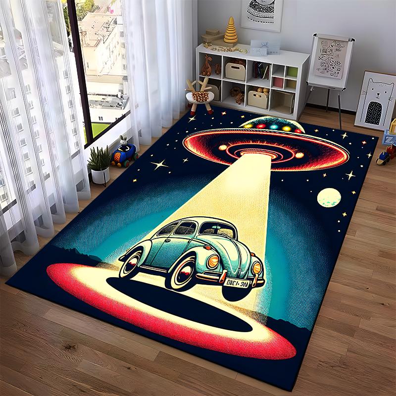 Vintage UFO Alien Abduction Scene Carpet with Retro Car Design Suitable for Use As an Anti-slip for Living Room Bedroom Sofas