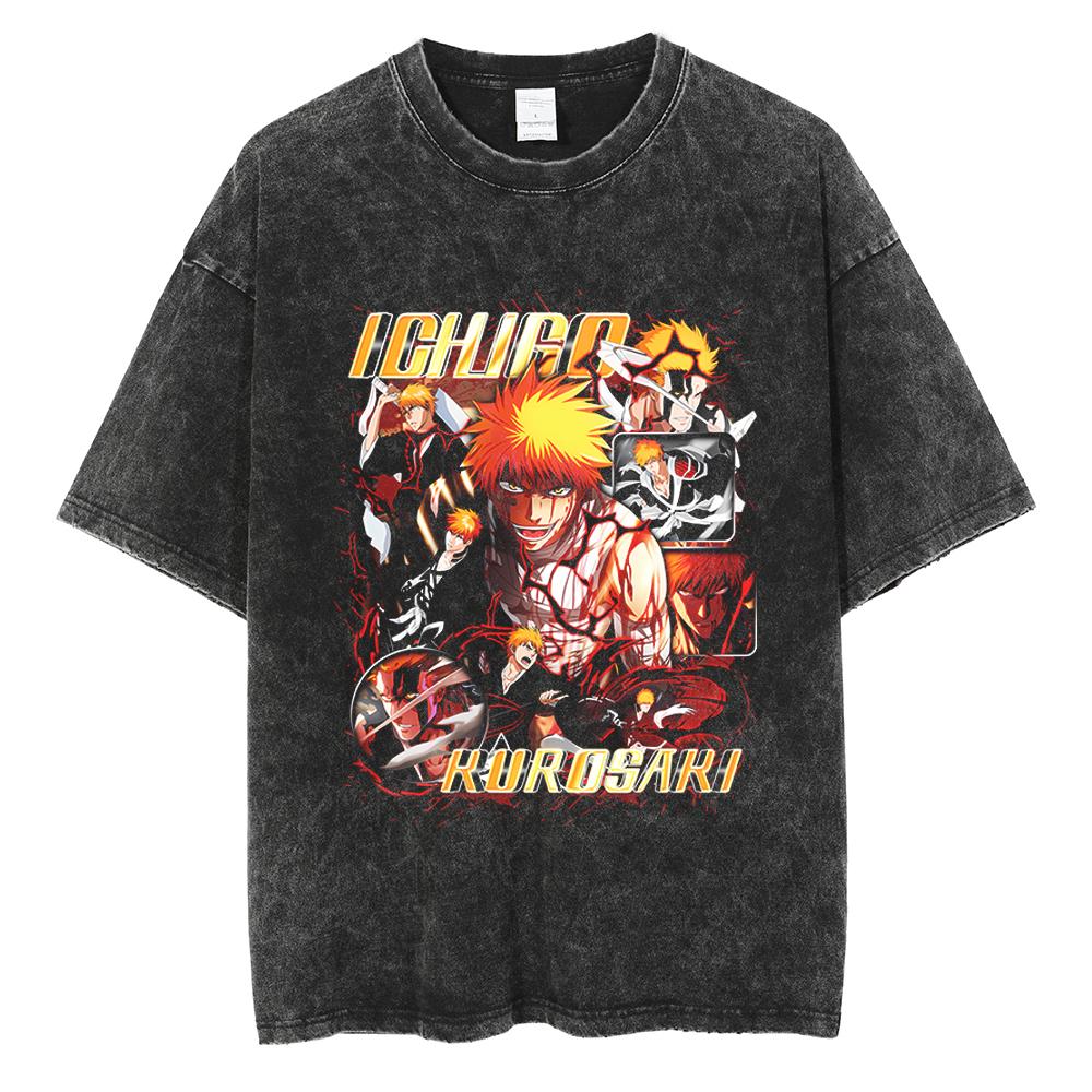 

Manga BLEACH T Shirt Kurosaki Ichigo Harajuku Tshirt For Men Women Washed Cotton Tshirt Clothing Summer Short Sleeve Tees Tops S