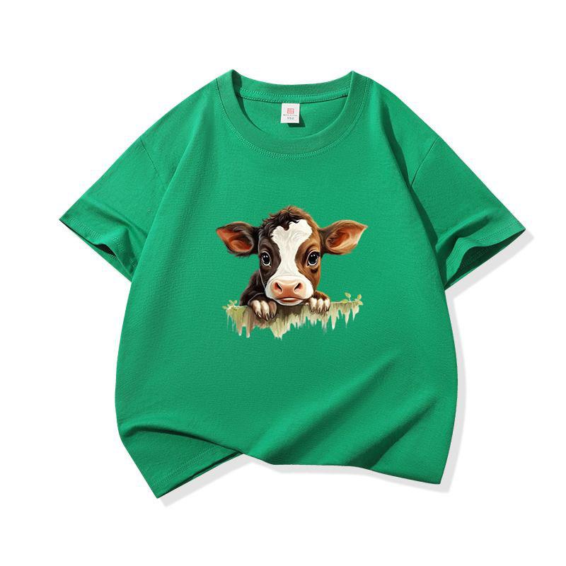 Kids Cotton T Shirt Cute Baby Cow Peeking Over Grass Print Crew Neck Short Sleeve Tee Casual Boys Girls Summer Tops