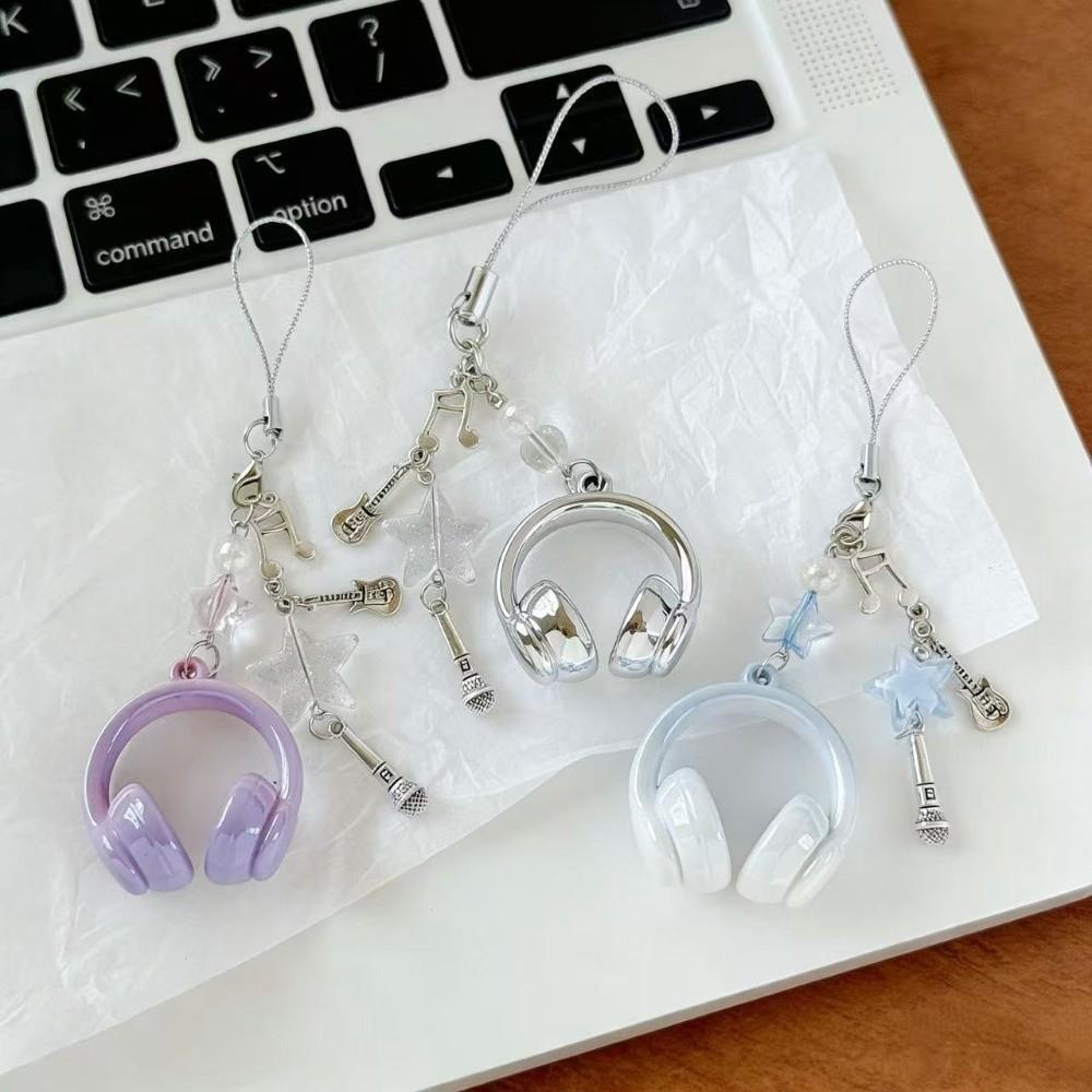 Beads Black Wing Cross Charms Mini Headset Creative Cellphone Decoration Bag Pendant Hanging Lanyard Keychain Gift For Girls