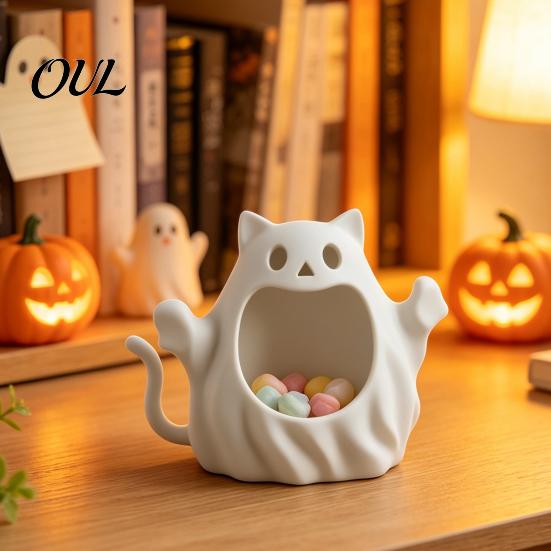 Cute Spooky Home Decorations 3D Printed Halloween Ghost Cat Storage Holder, Decorative Kitten Statue with Holiday Seasonal Ornaments Hollow