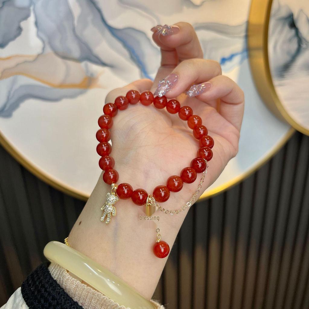 Women's Natural Red Agate Bracelet with Little Bear Fortune Tag - Original Chinese Style Hanfu Beaded Accessory