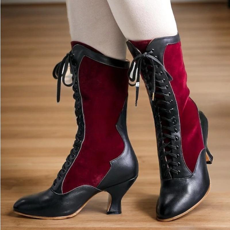 Women's Party Mixed Colors Mid-Calf Boots Pointed Toe Square Heel Lace Up Women Shoes Elegant Retro Fashion Boots Large Size 43