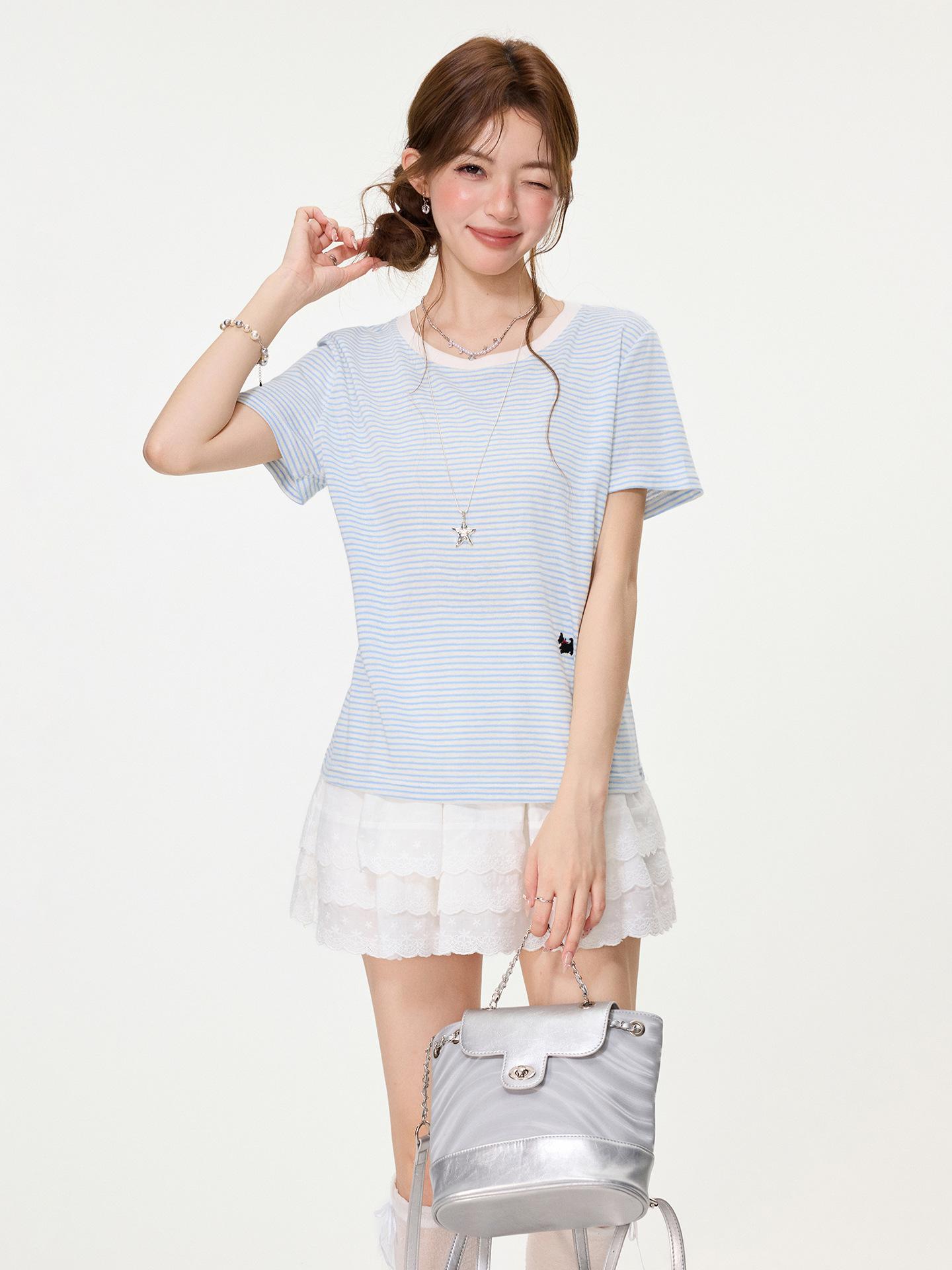 

Korean blue striped crew neck short-sleeved T-shirt women s summer sweet puppy embroidered loose design top S синий