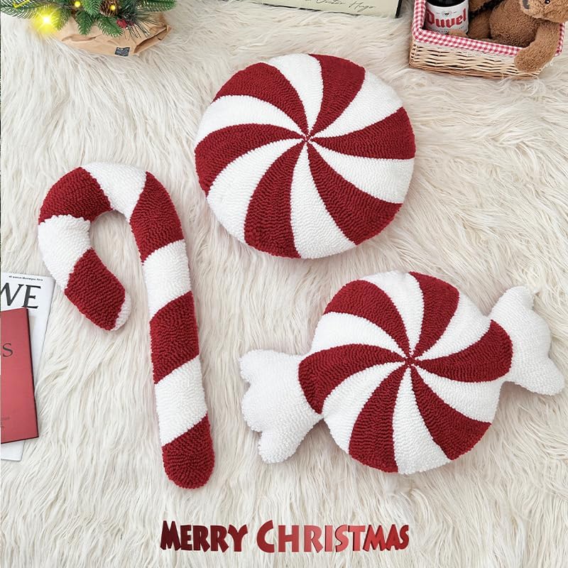 Candy Cane Pillow, Christmas Candy Throw Pillow Xmas Red Spiral Lollipop Pillow Cute Sweet Shaped Decorations for Bedroom, Living Room, Winter Home