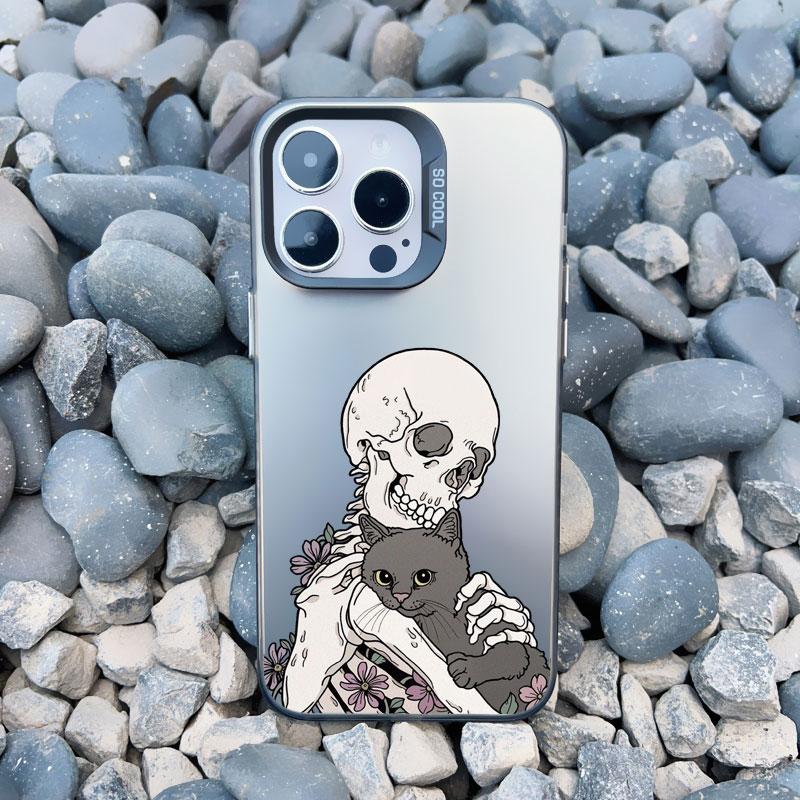 

Luxury Funny Cute Skeleton And Cat Phone Case for iPhone 16 15 Plus Pro Max 11 13 12 14 Pro Max 13 Mini Shockproof Laser Cover iphone 13Mini