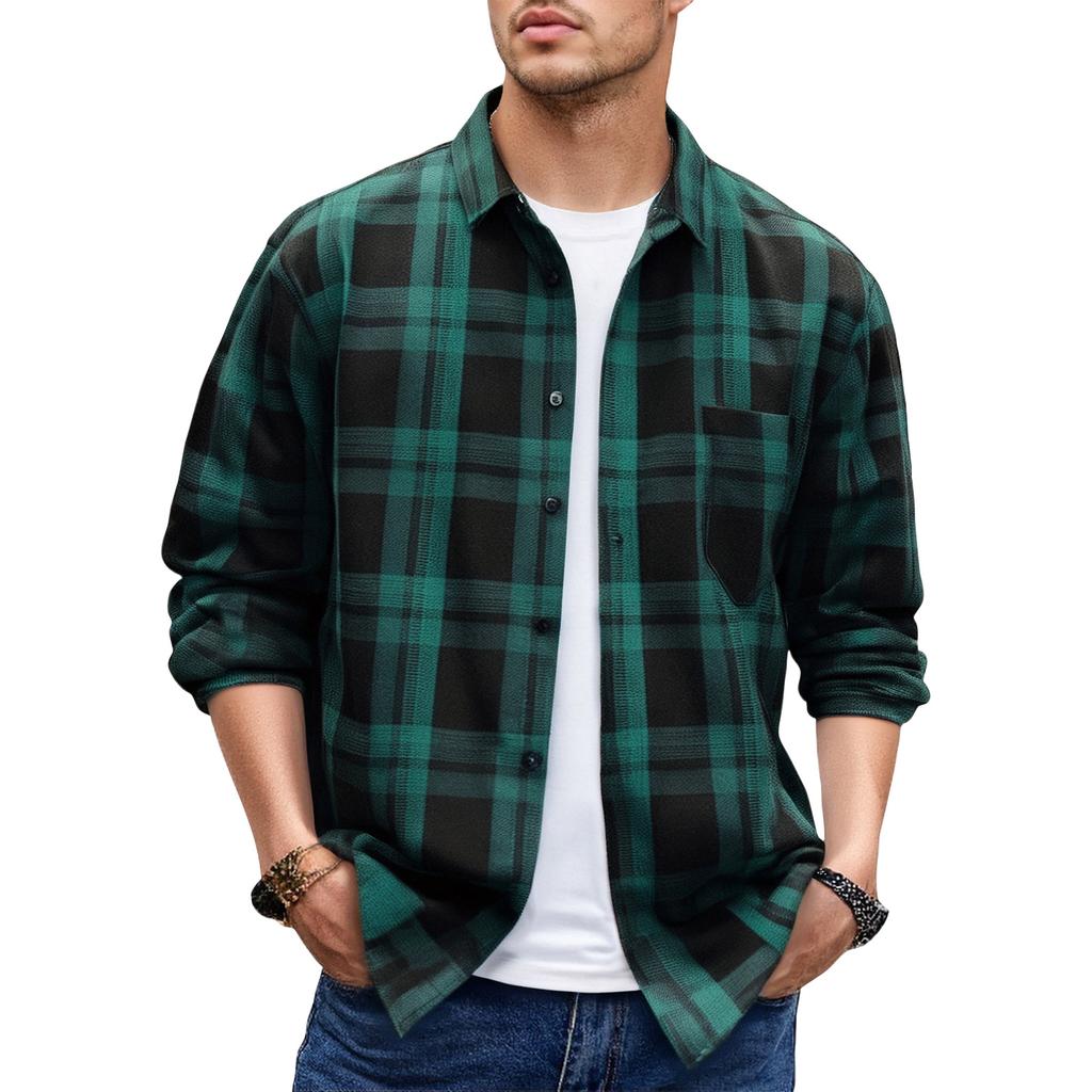 Pánská jarní kostkovaná módní volná košile s dlouhým rukávem, spuštěnými rameny, velká velikost, stojáček