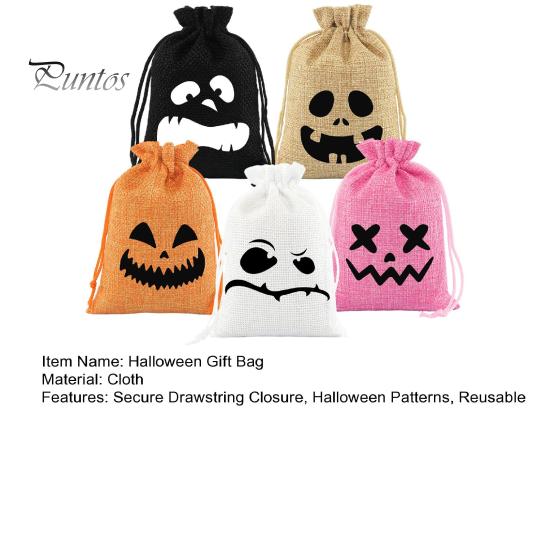 Decorative Gift Packaging 5Pcs Halloween Candy Bags with Drawstring, Funny Ghost Pumpkin Print Pouches Small Cloth Storage for Party Favors And Trick