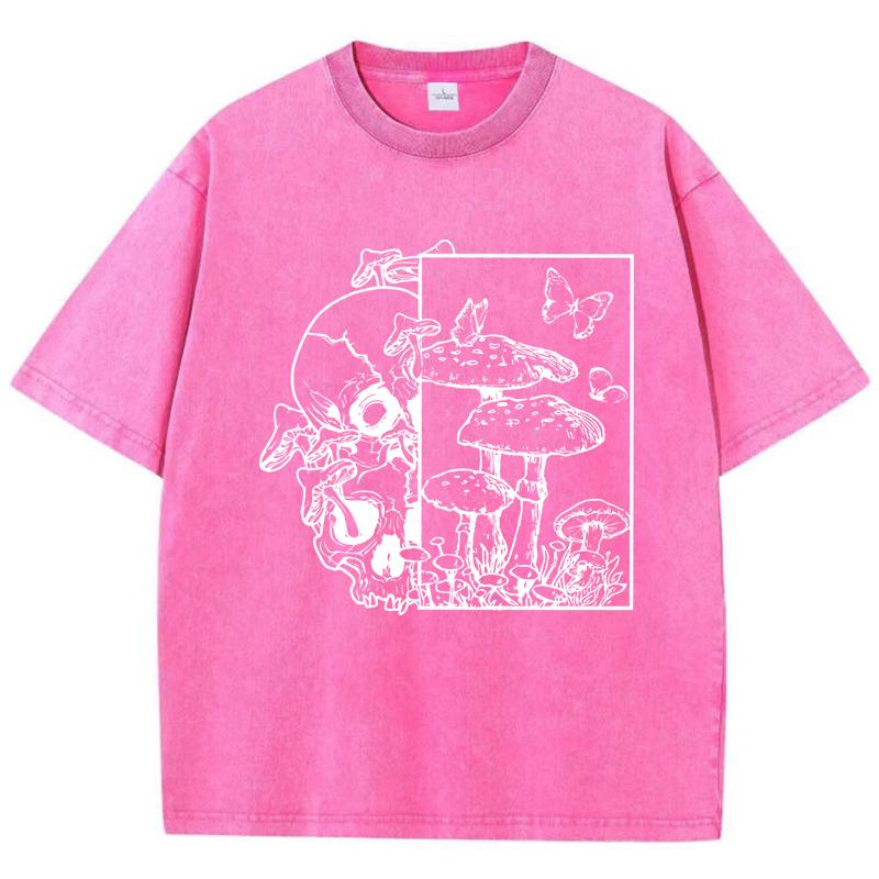 Skeleton Growing In Mushrooms Butterfly Print Washed T Shirt Women Summer Clothes Trendy O-Neck Tops Cotton Streetwear