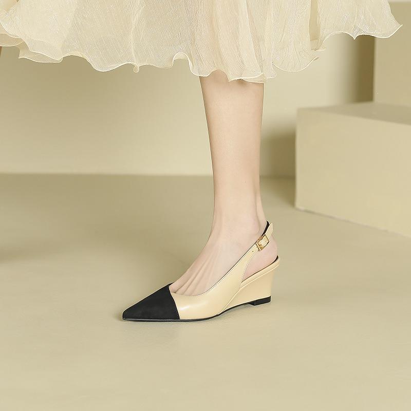 -1 rear empty one-word color matching wedge heels women's and women's summer new pointed thick-soled high heels