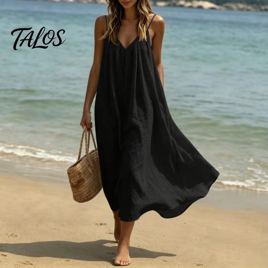 Flowy Beach Dress Women's Spaghetti Strap Sundress, Summer Sleeveless V Soft Fabric Neck Cami Dress, Loose Vacation Long Multi-detail Design