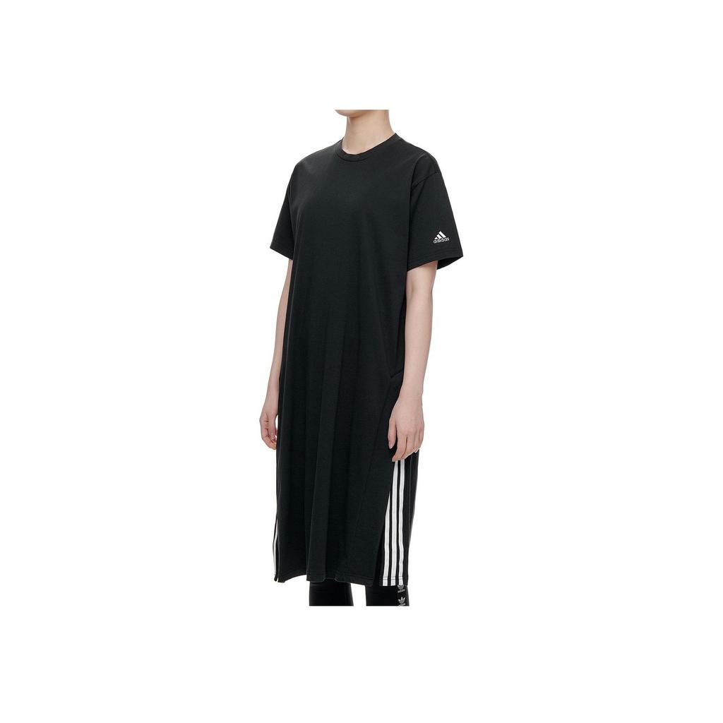 Adidas Letter Logo Printed Round Neck Pullover Midi Short Sleeve Dress Women Dresses Black GD8445