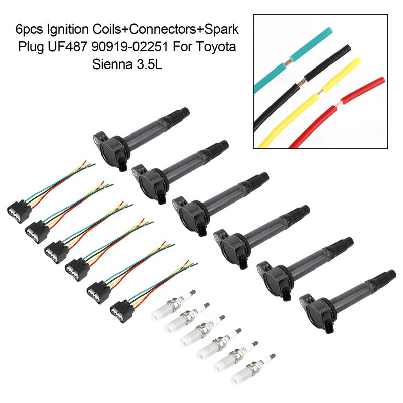 Artudatech 6 Ignition Coils+Connectors+Spark Plug UF487 90919-02251 For Toyota Sienna 3.5L