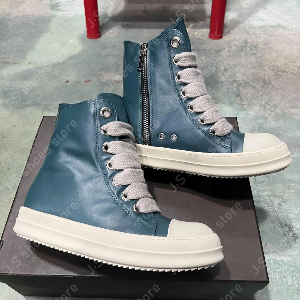 R-o Design Stiefel Cyan Leder High Top Schuhe Geobasket Herrenschuh Reißverschluss Jumbo Schnürsenkel Cyan Rindsleder Damen Freizeitsneaker Stiefelette