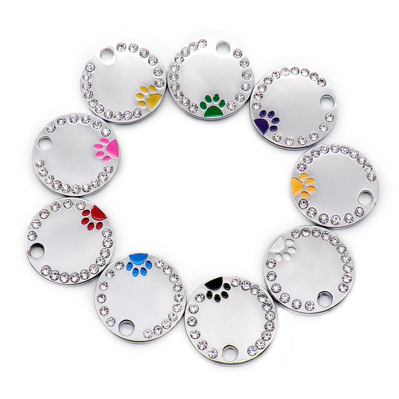 Rhinestone Solid Zinc Alloy Pet ID Tag Crystal Dog Collar Tag Colorful Paw Print Laser Engraved Pet Name Plate for Cats/Dogs