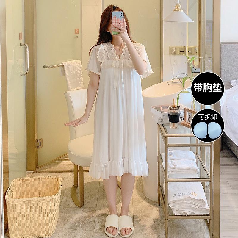 Summer Thin Mesh Lace V-Neck Bow Lace Medium And Long Nightdress Home Pajamas Women