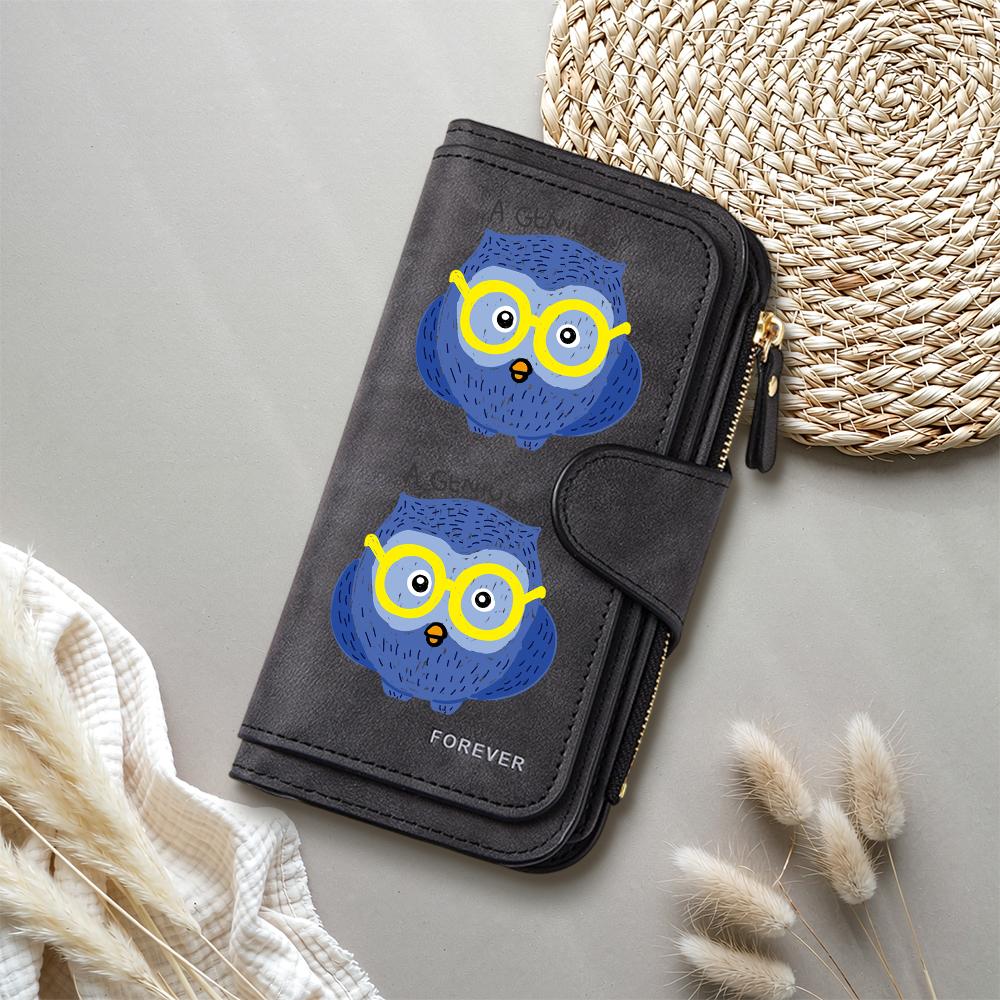 Cute Owl Print Women Long Wallet Fashionable Leather Card Holder Portable Casual Daily Purse