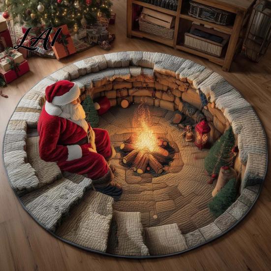 Christmas Floor Mat Round 3D Rug Optical Illusion Area Santa Claus Gnome Quilted-Like Patterned Rug Anti-slip Washable for Living Room Bedroom